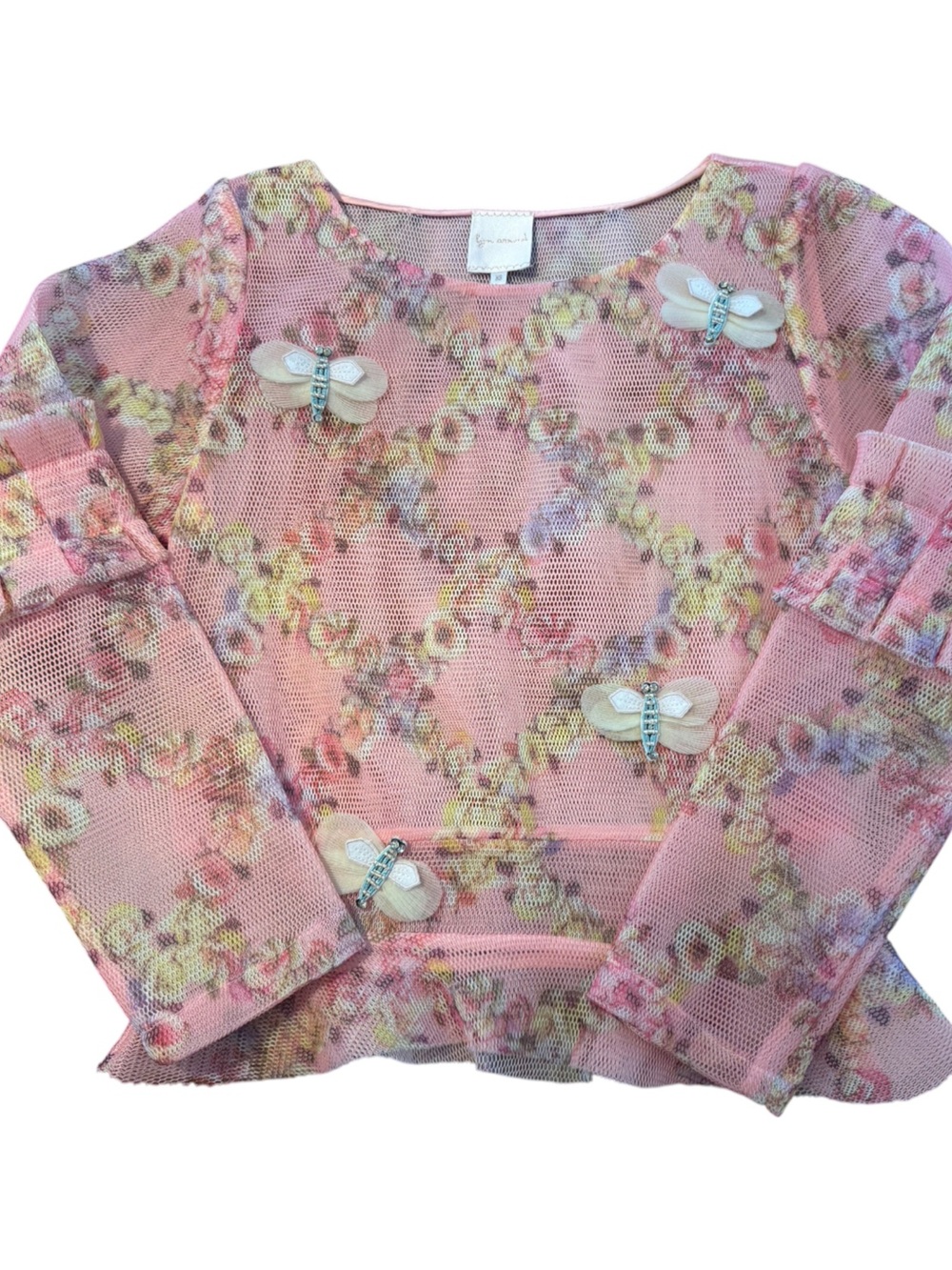 Lyn Around Pink Floral Mesh Peplum Top XS 3D Beaded Dragonfly Whimsical Fairy